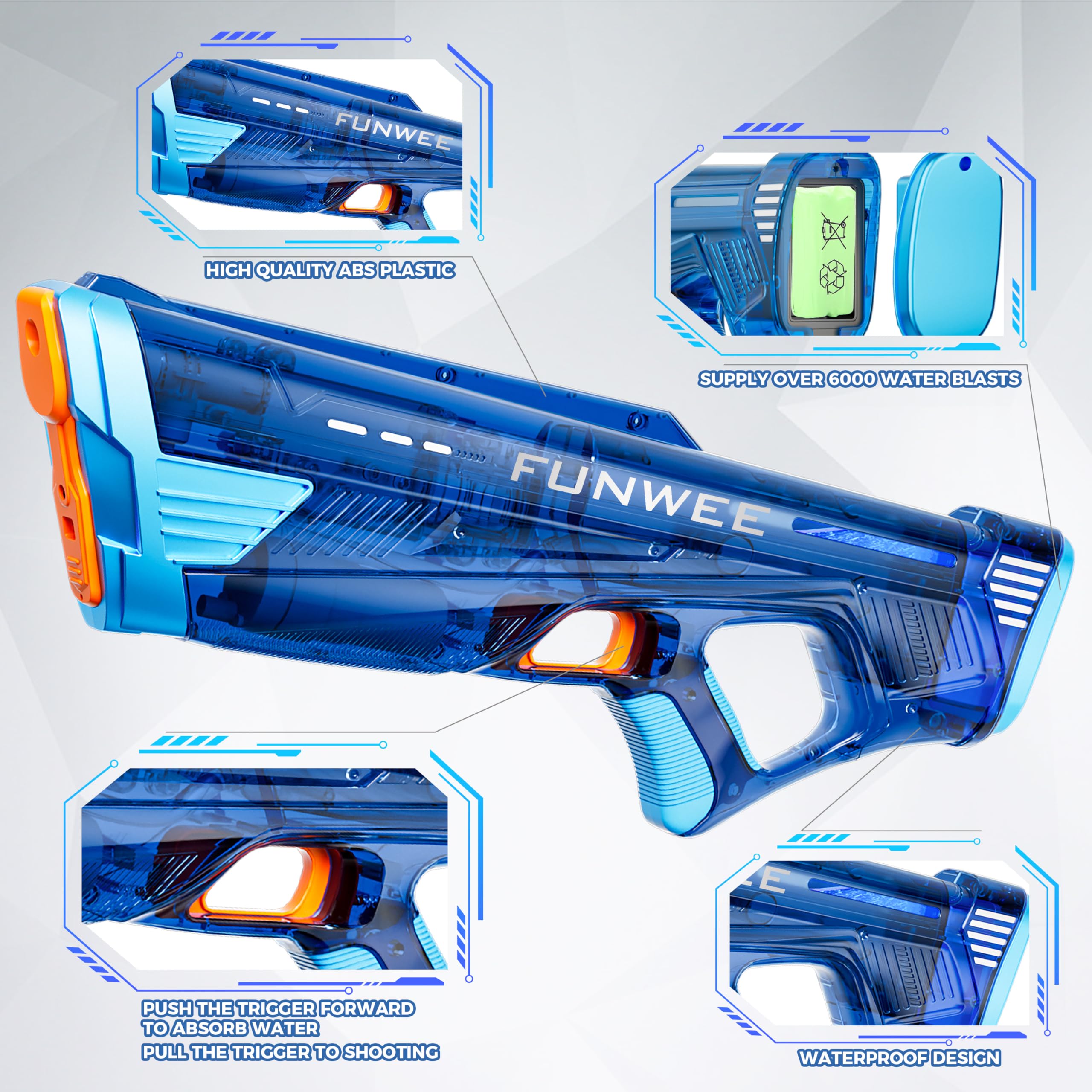 Funwee waterproof-design water gun keeps electronics safe during splash battles.