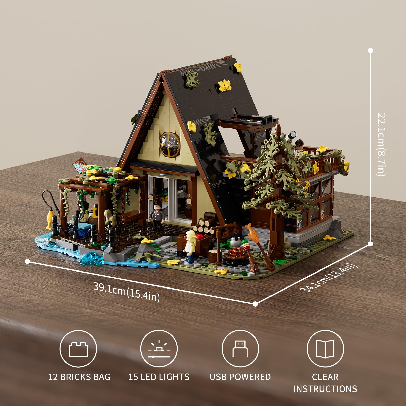 FUNWHOLE A-Frame fireplace scene with piano and records for cozy evenings