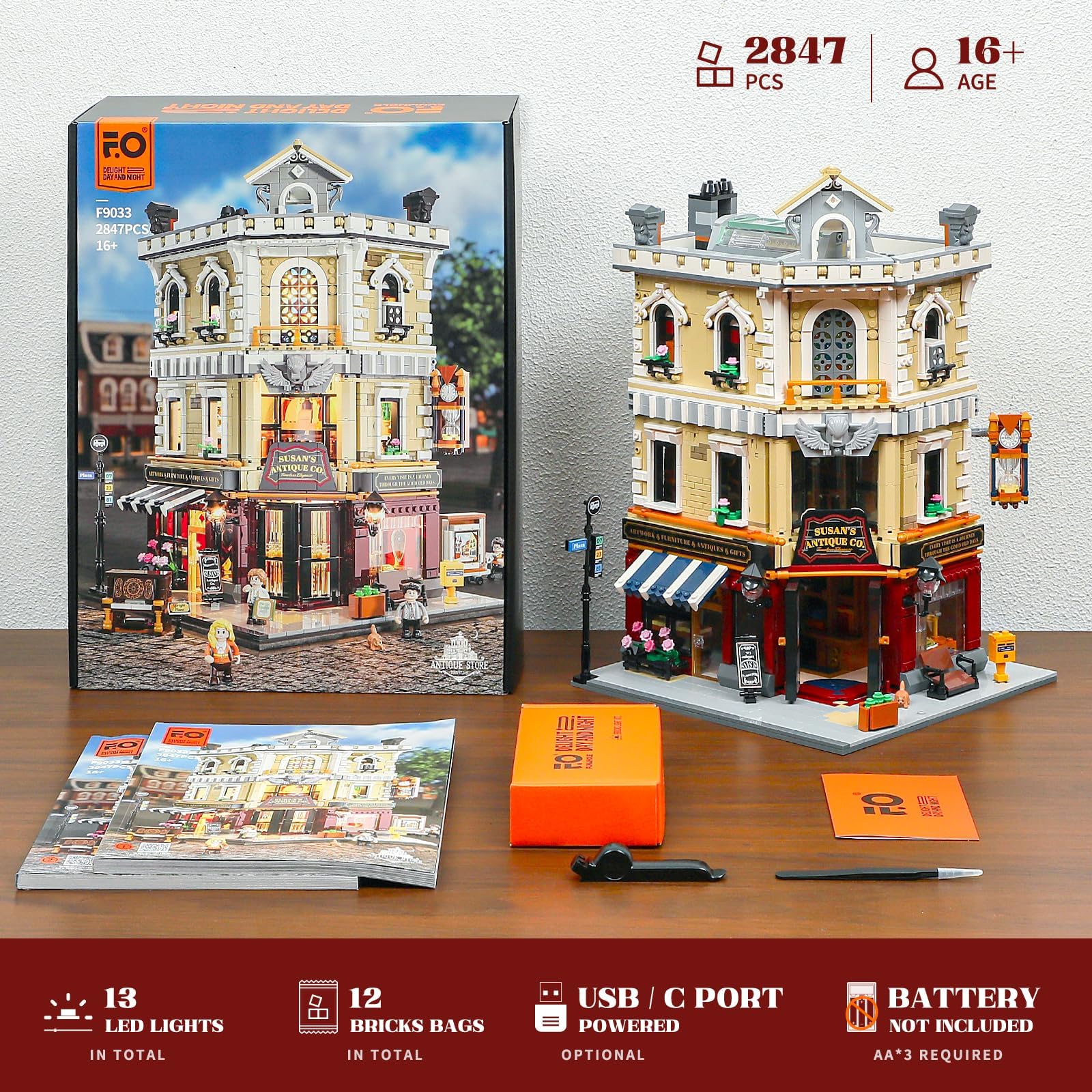 FUNWHOLE Antique Store minifigures and kitten add charming scene life.