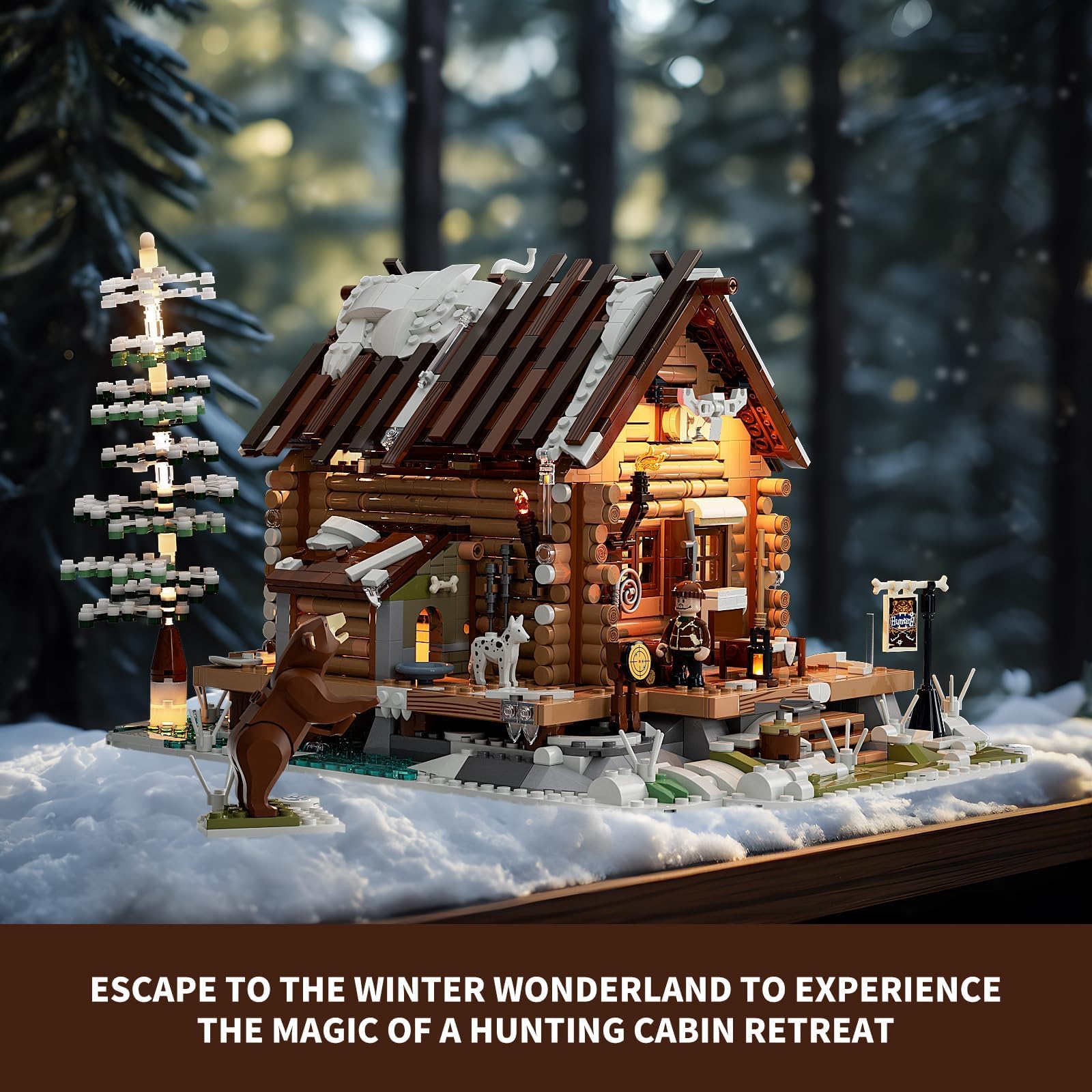FUNWHOLE brown bear figure complements rustic cabin design and play scenarios.