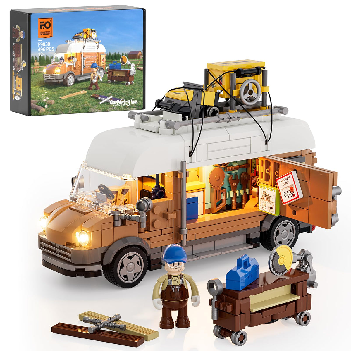FUNWHOLE Carpentry Van front lights for display and imaginative play.