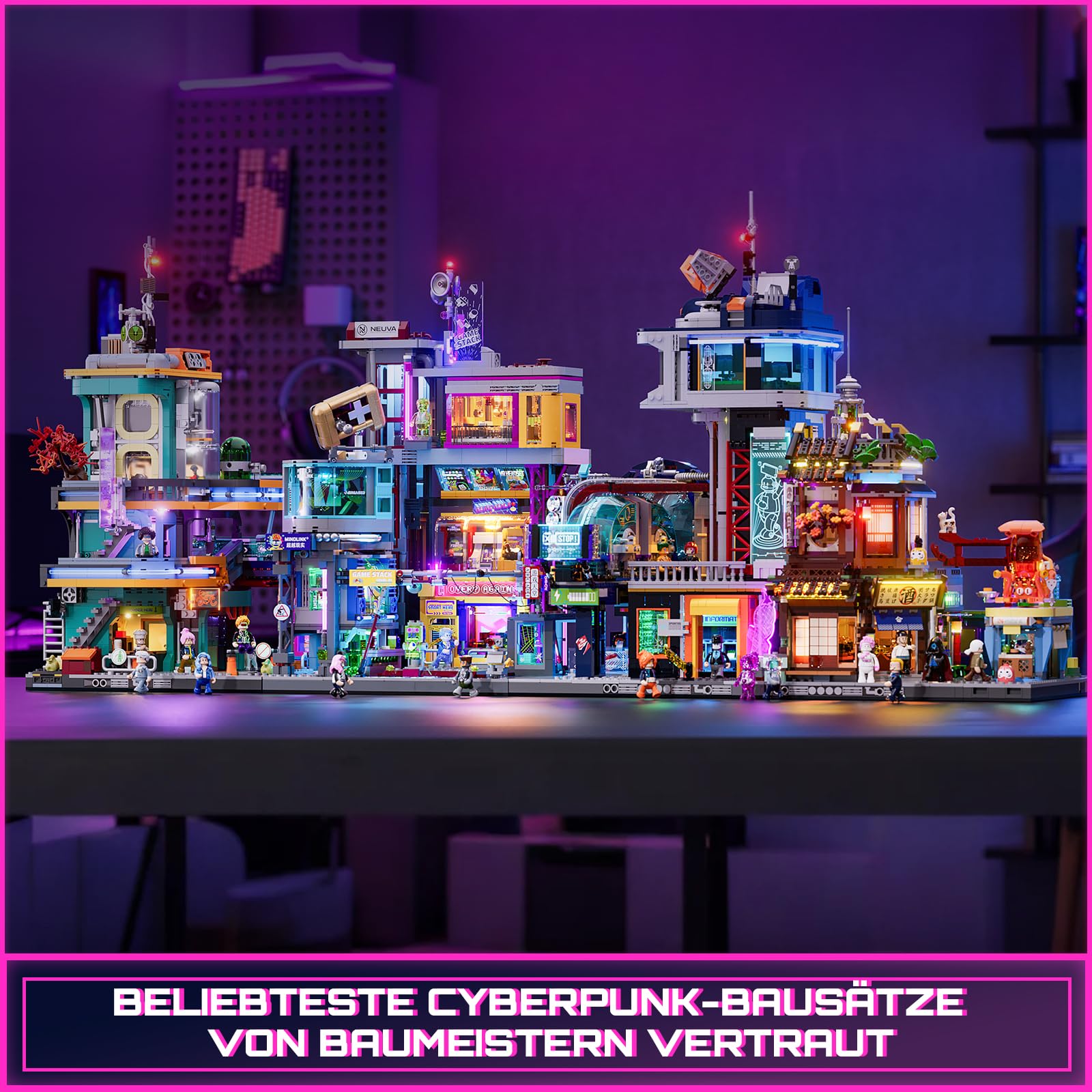 FUNWHOLE complete build with baseplate ready to display a cyberpunk city scene