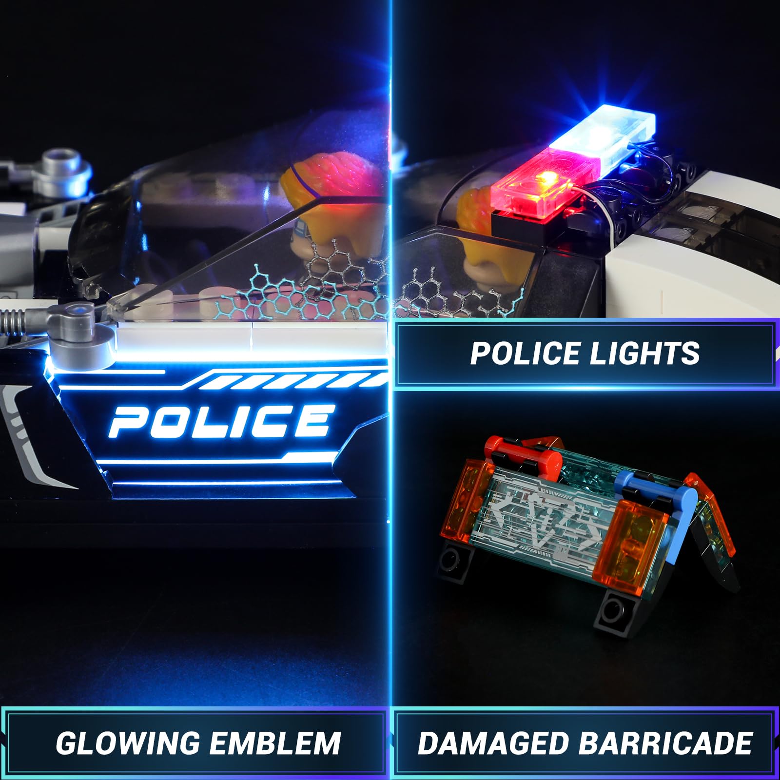 FUNWHOLE Detailed Police Cruiser—meticulous cyberpunk styling from chassis to lines.