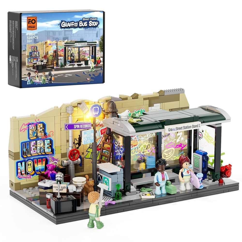 FUNWHOLE Graffiti Bus Stop module assembly showcases vivid street scene for dioramas.