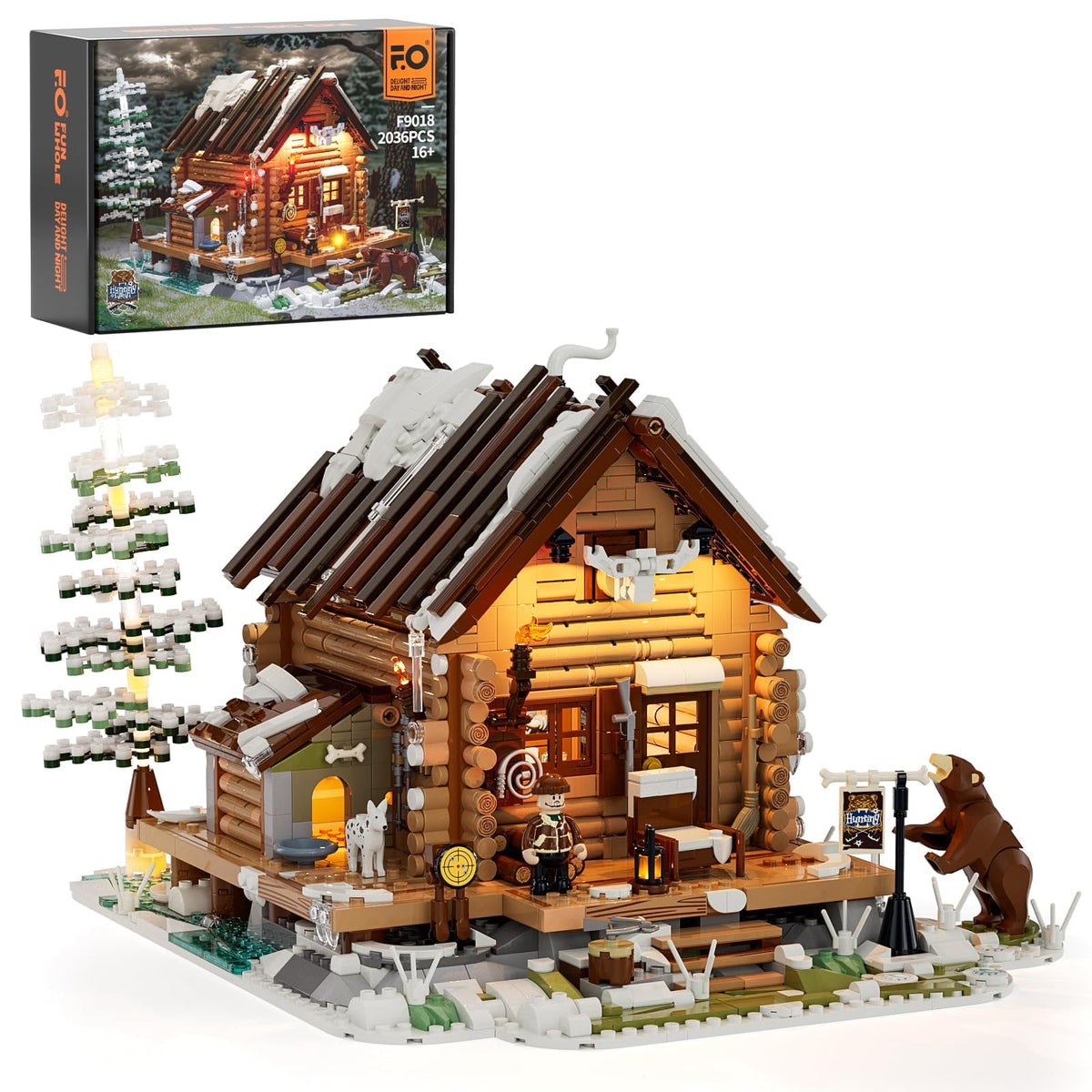 FUNWHOLE hunting cabin lighting detail creates warm ambience for immersive winter scenes.