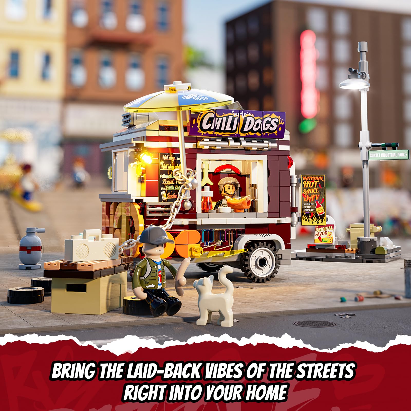 FUNWHOLE mini figures, kitten, and mouse add playful city charm.
