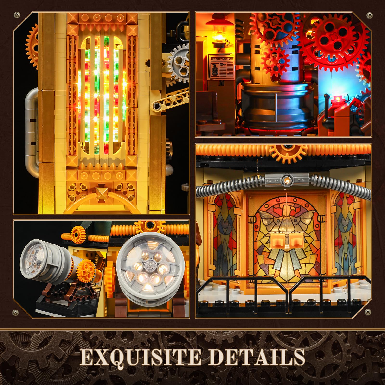 FUNWHOLE Steampunk Observatory Tower blue indicator lights highlight system status and detail.