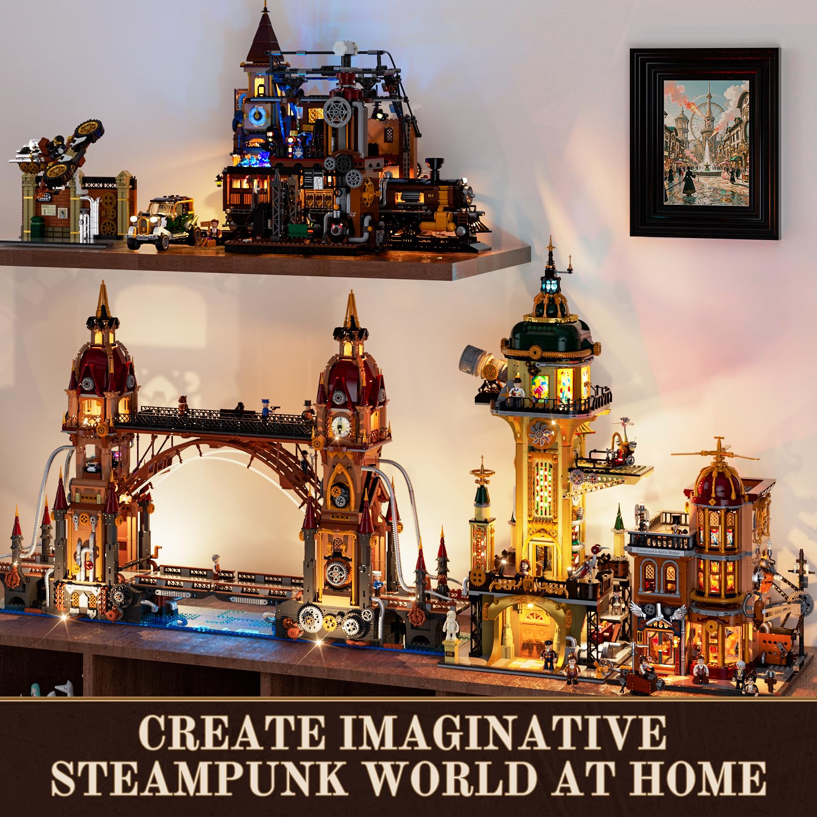 FUNWHOLE Steampunk Observatory Tower detailed metalwork and copper tones enhance display realism.