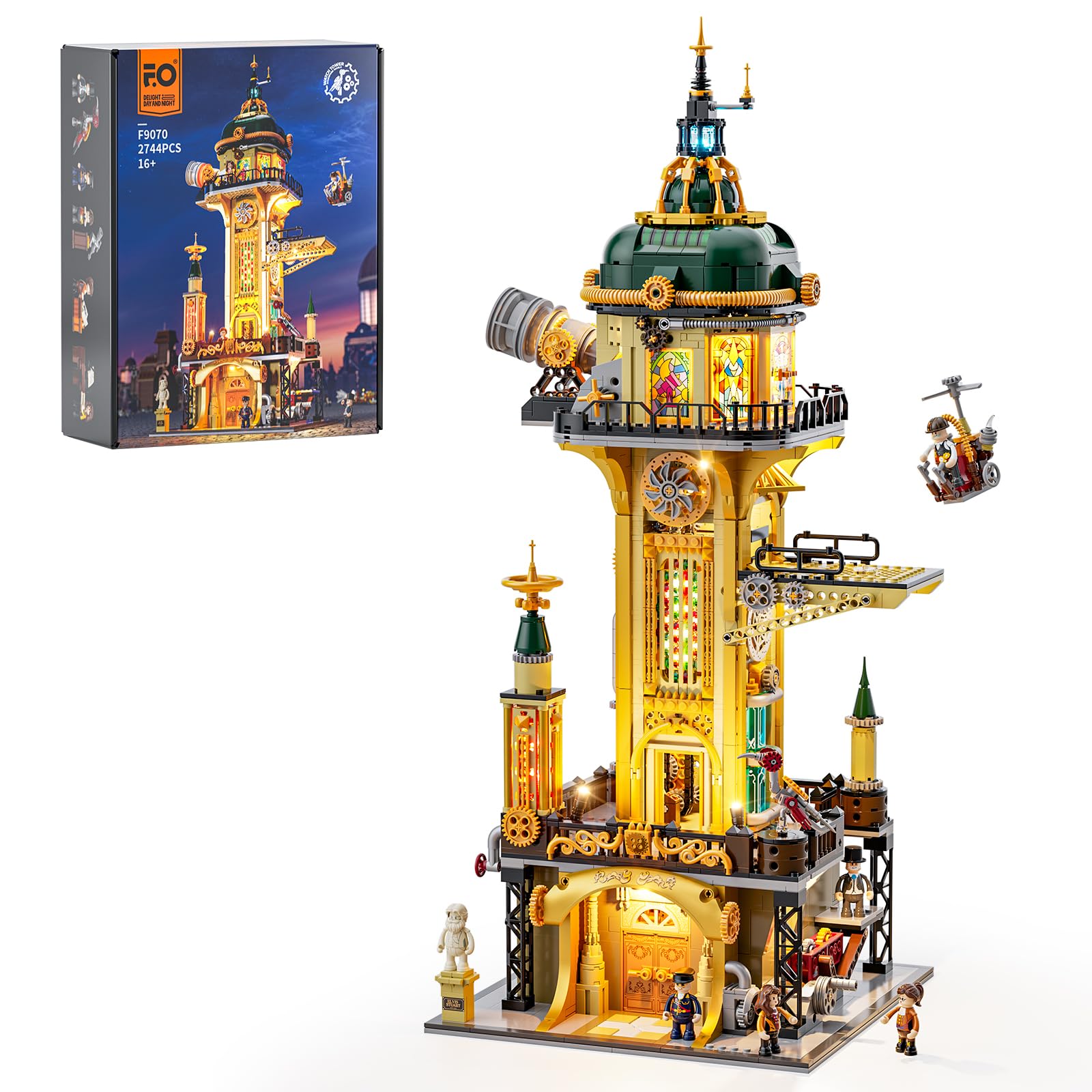 FUNWHOLE Steampunk Observatory Tower entryway chandelier adds vintage ambience to a display shelf.