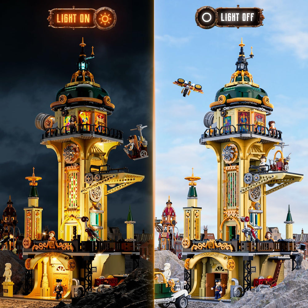 FUNWHOLE Steampunk Observatory Tower reactor red flames illuminate the model with dramatic color.