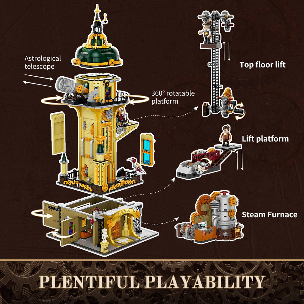 FUNWHOLE Steampunk Observatory Tower telescope warm glow enhances viewing-inspired display.