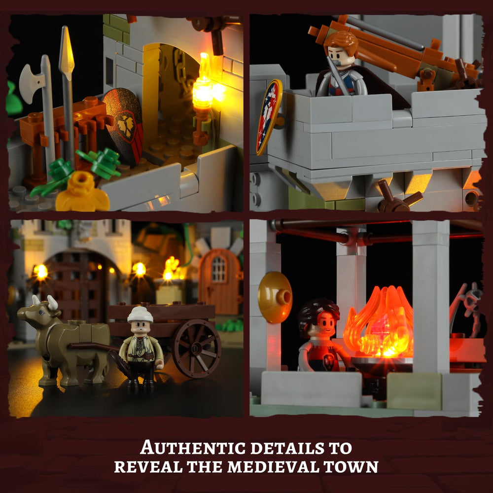 FUNWHOLE Watchtower torches and lit path create atmospheric lighting for night displays.
