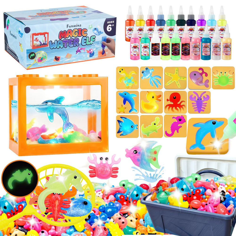 Funwins Magic Water Elf Toy Kit display tank showcasing gel pets in a vibrant underwater scene