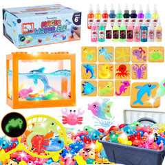 Funwins Magic Water Elf Toy Kit display tank showcasing gel pets in a vibrant underwater scene