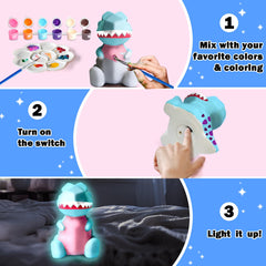 DIY FUNZBO dinosaur lamp lights up, creating a cozy bedside glow