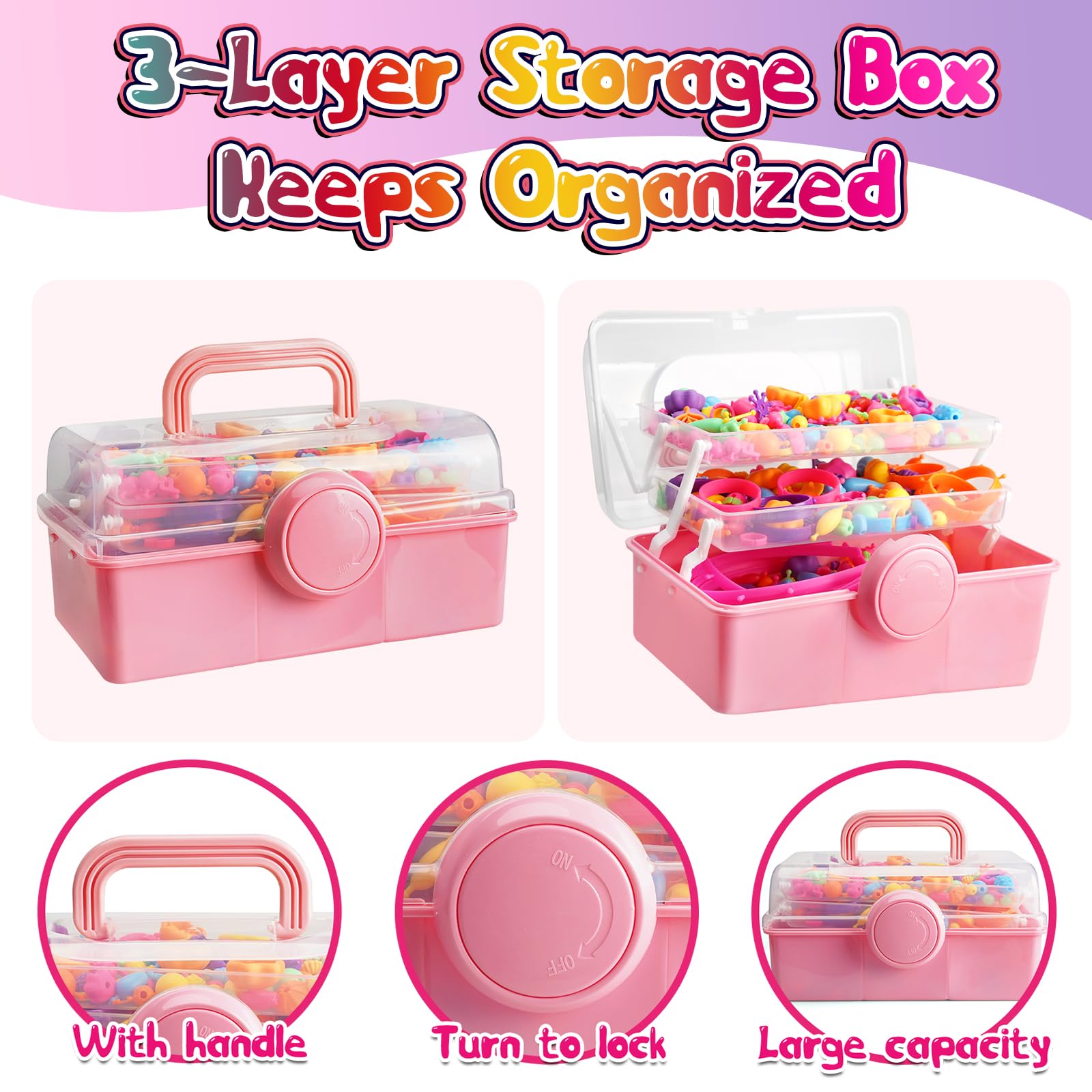 FUNZBO three-layer pink storage box keeps beads organized and portable