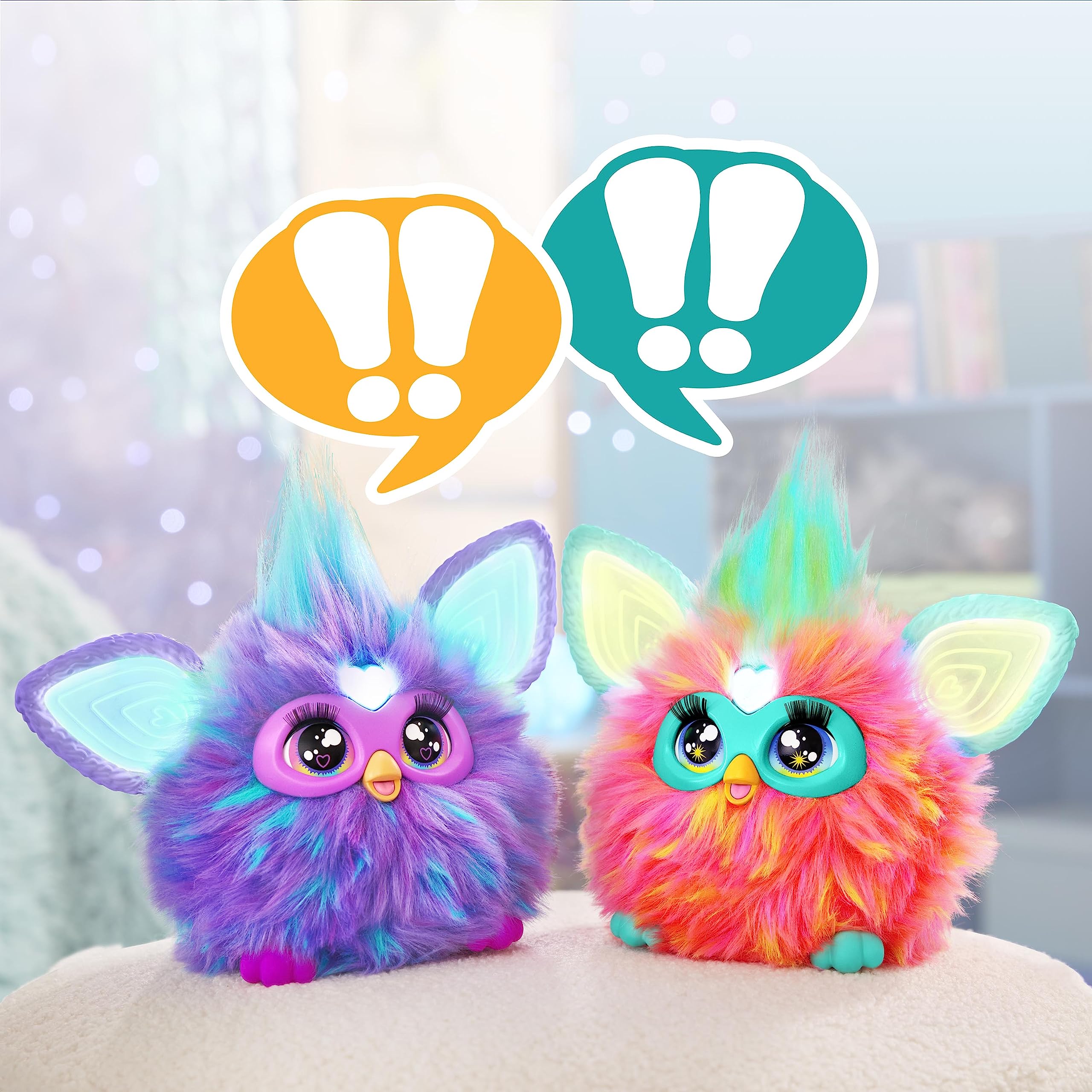Furby Coral enjoying pretend pizza feeding for interactive play.