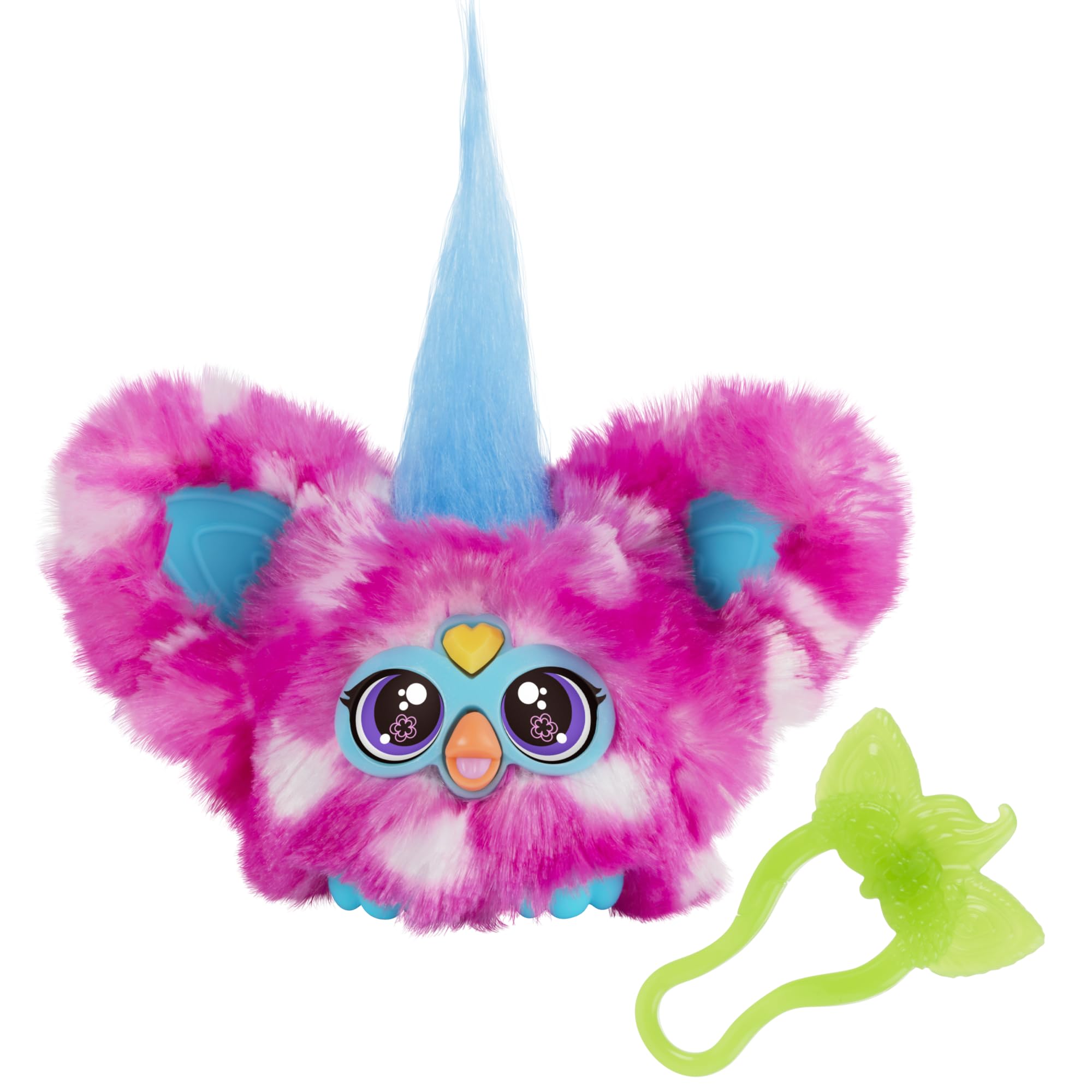 Furby Furblets Dah-Tee mini friend with pink polka-dot fur, portable travel buddy for kids.