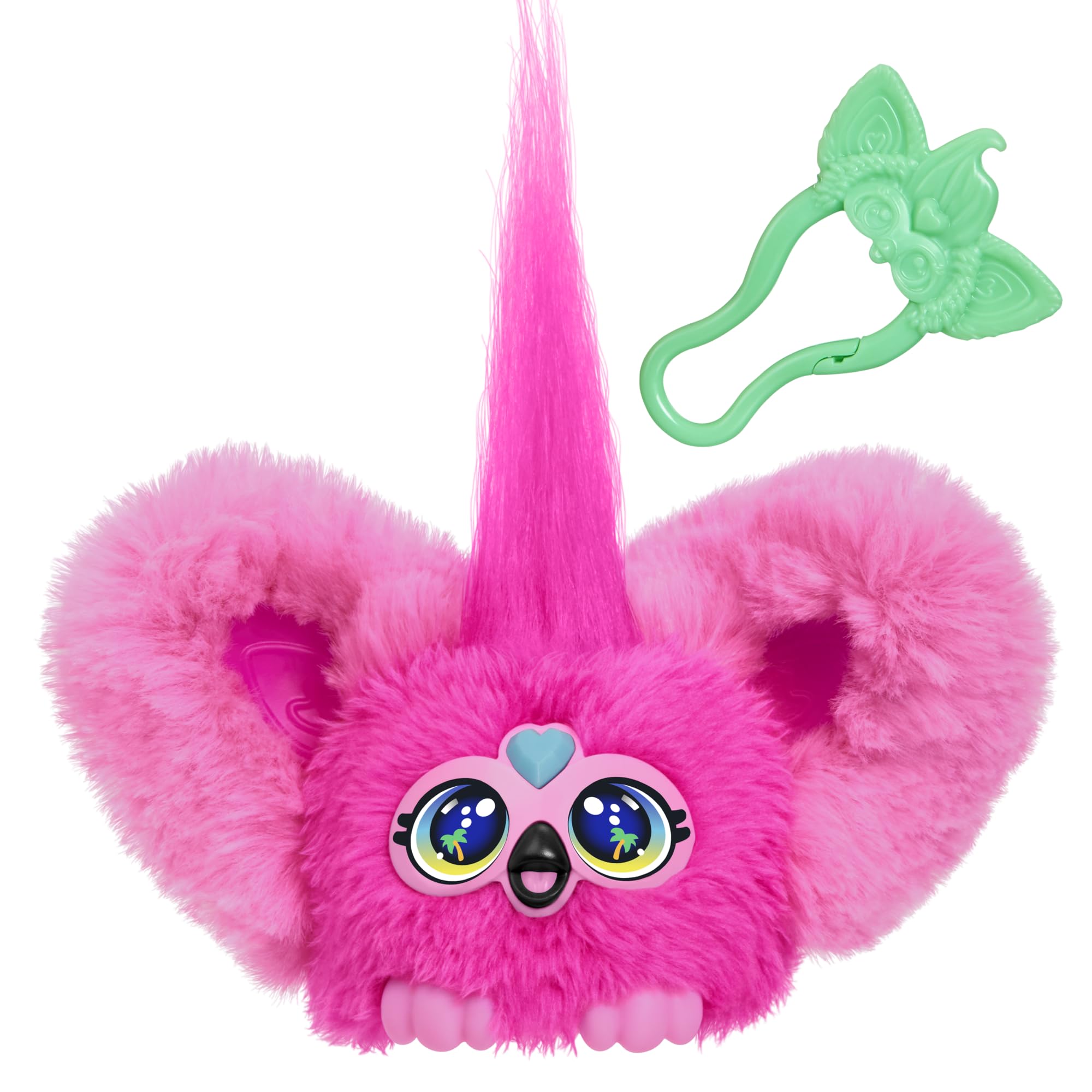 Furby Flo-Flo Mini Friend attached to a backpack clip for portable fun