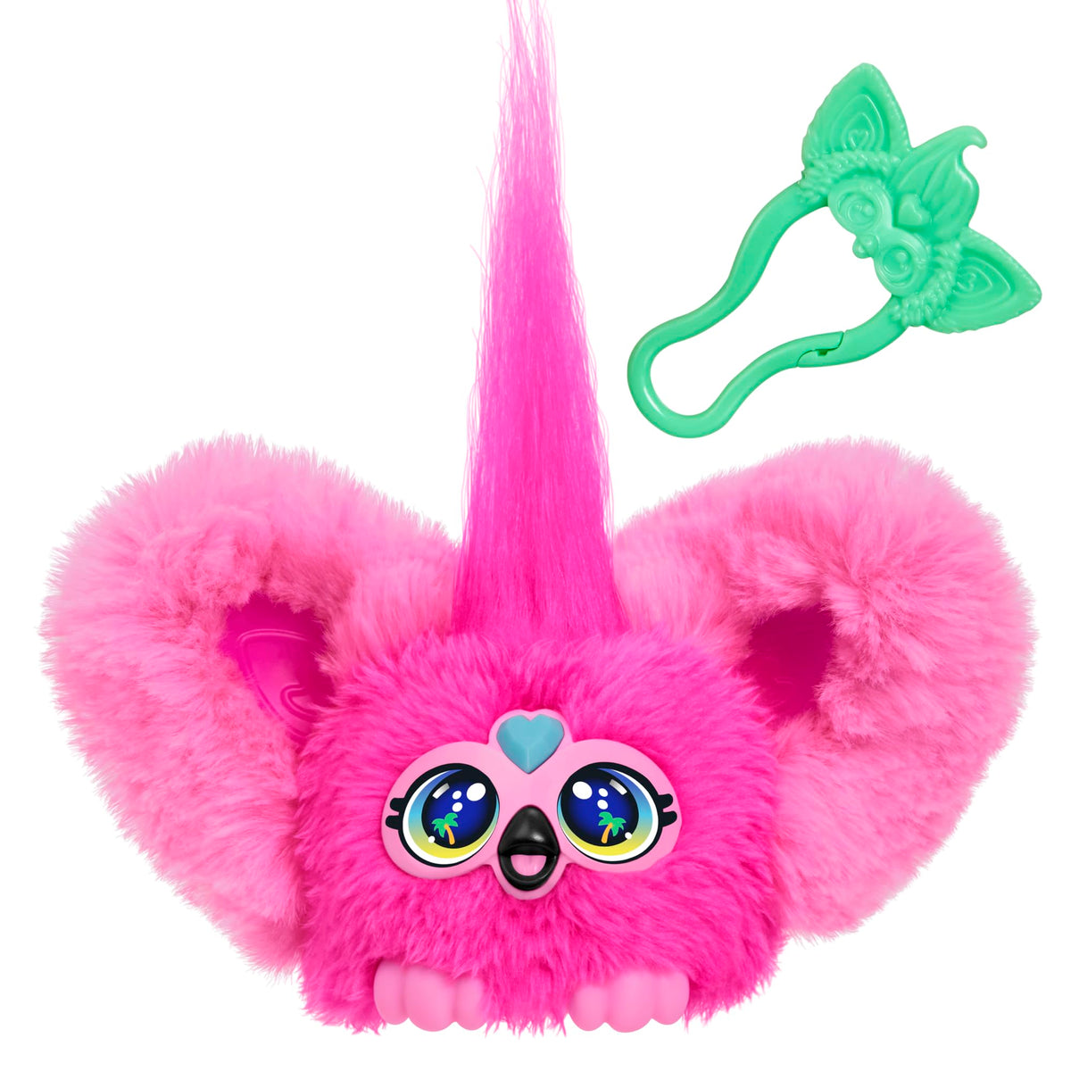 Furby Flo-Flo Mini Friend attached to a backpack clip for portable fun