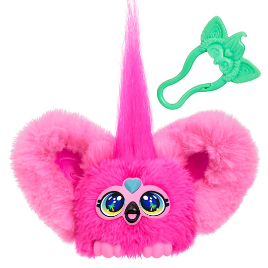 Furby Flo-Flo Mini Friend attached to a backpack clip for portable fun
