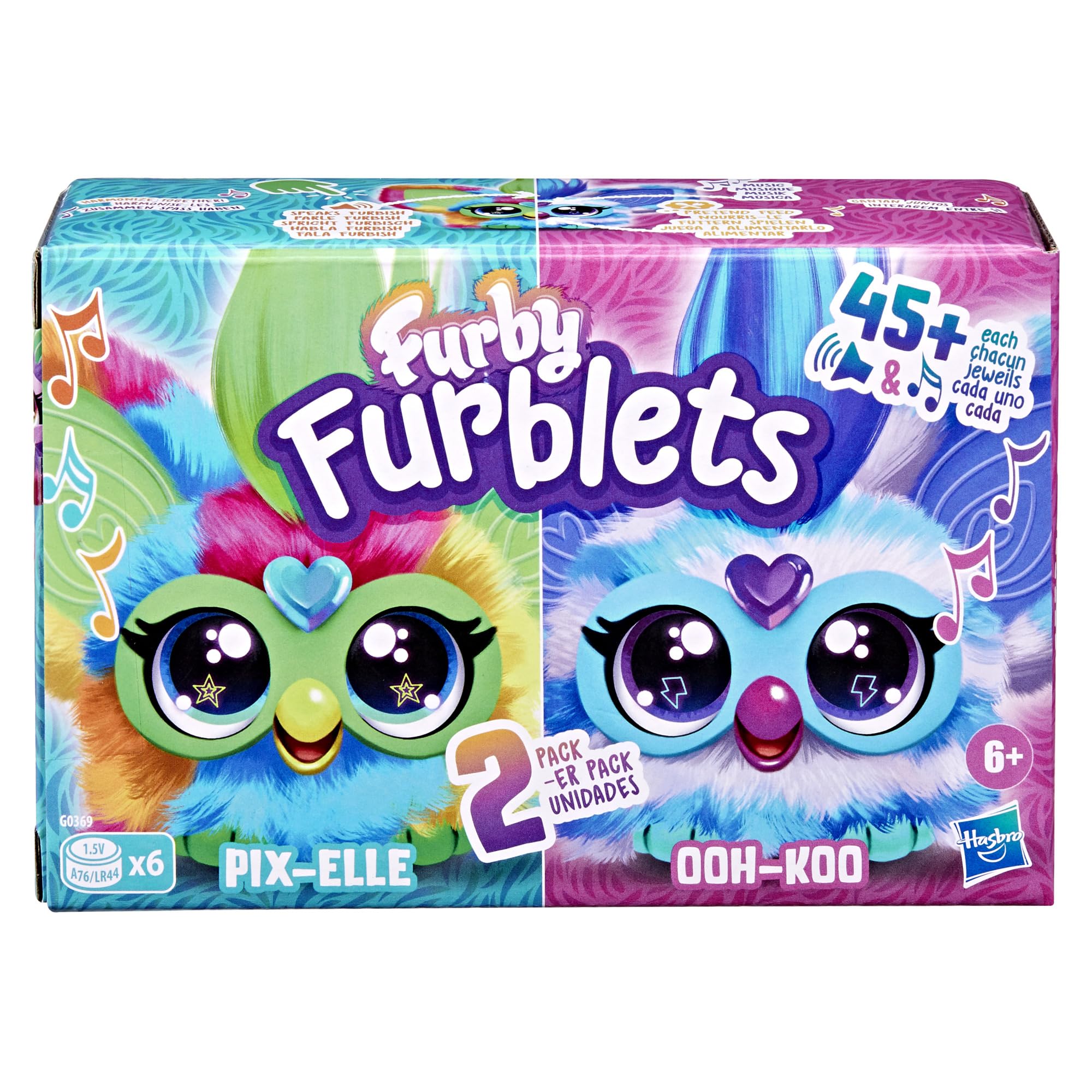 Furby Furblets Ooh-Koo with blue and white stripes, on-the-go rocker.