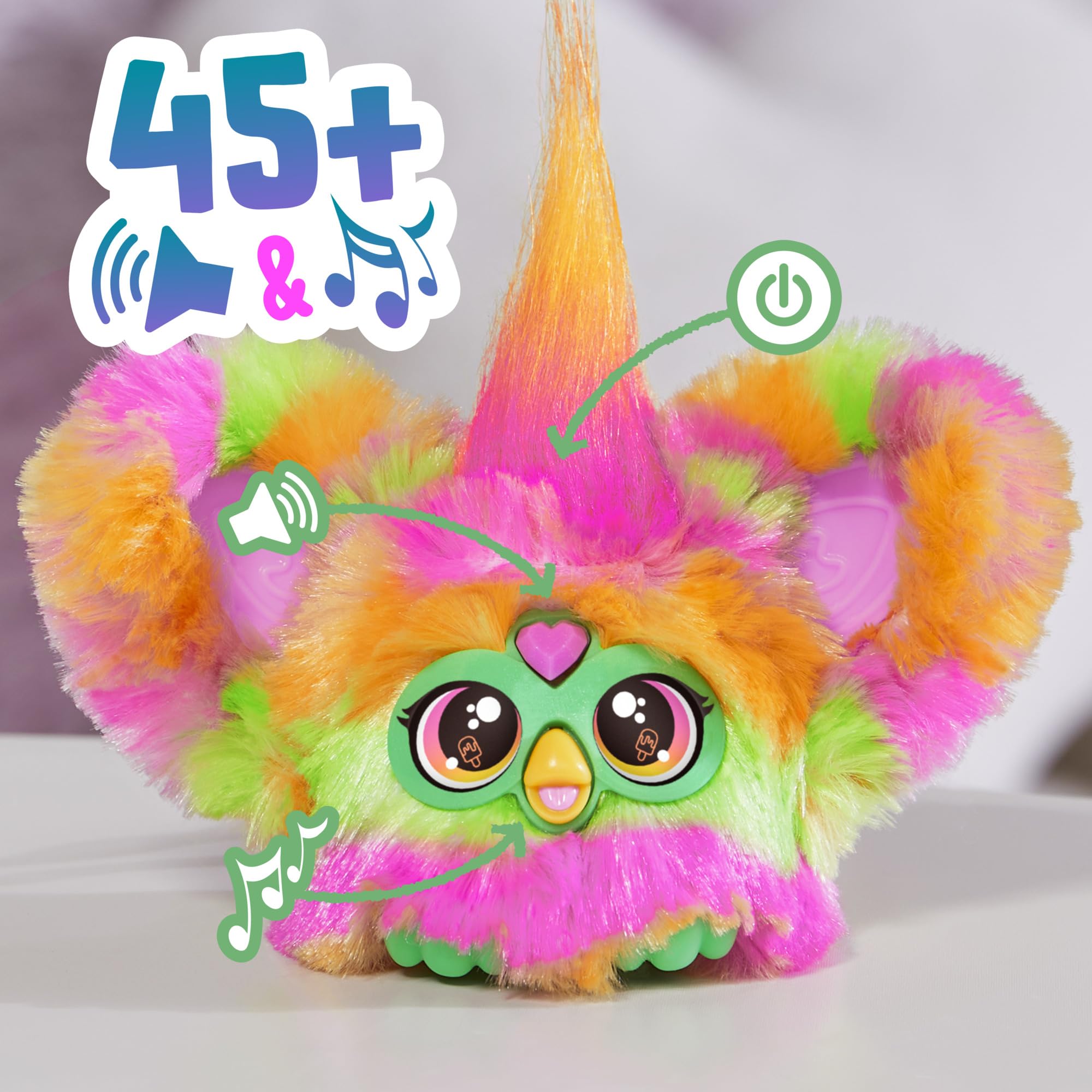 Furby Furblets Par-Tay with green pink orange fur for vibrant charm.