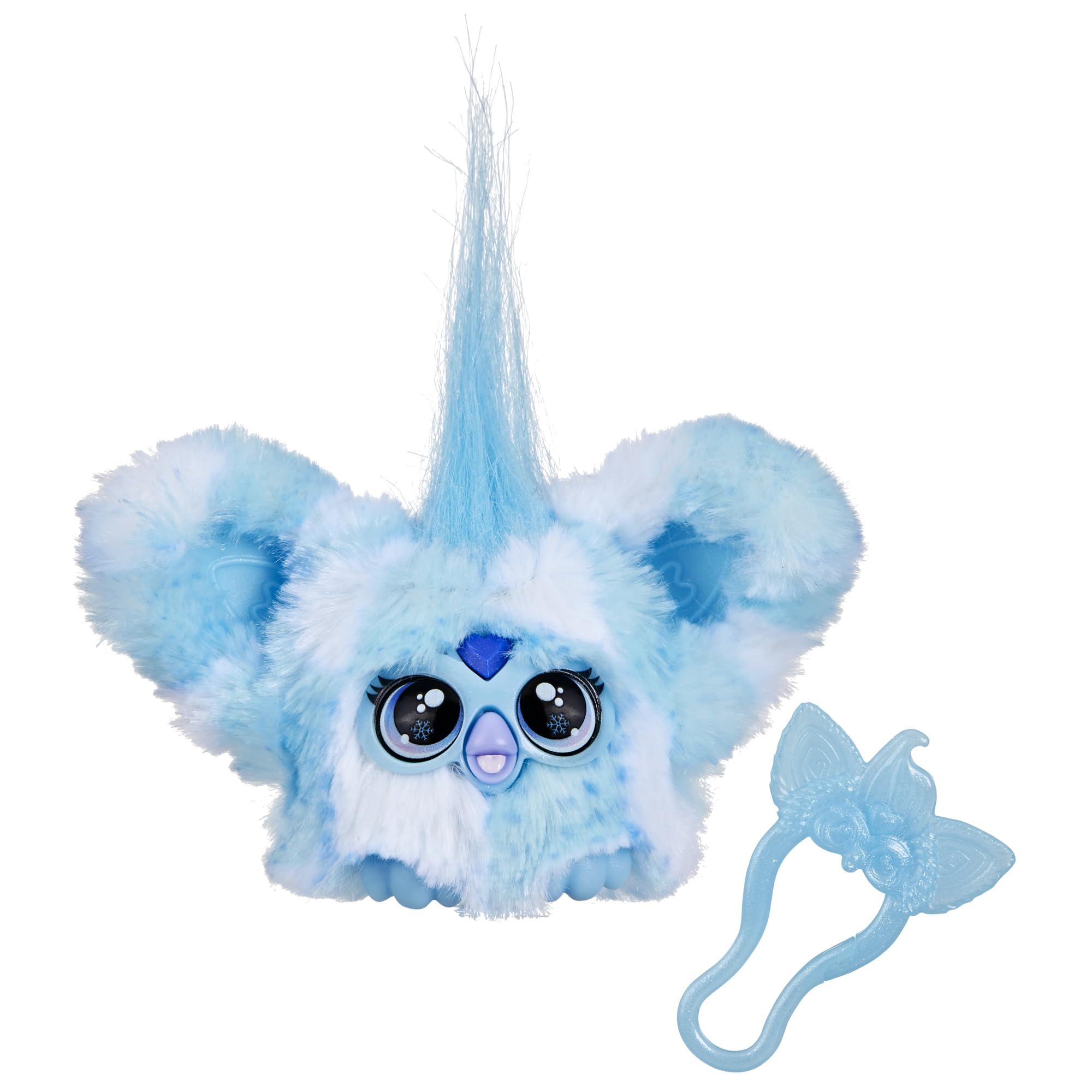 Furby Furblets Sno-Way Holiday Edition on a backpack clip, a festive travel companion.