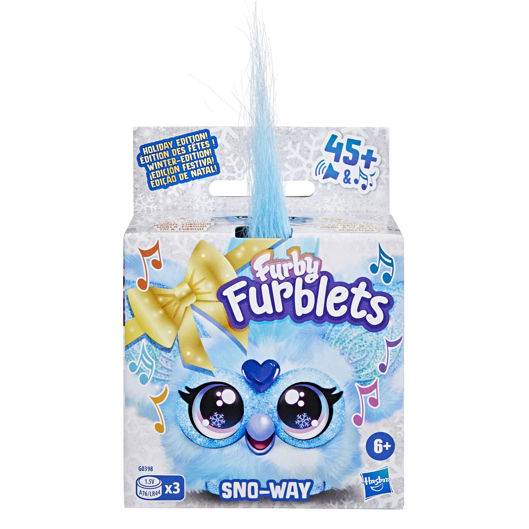 Furby Furblets Sno-Way icy blue fur close-up, adorable holiday decor for kids’ rooms.