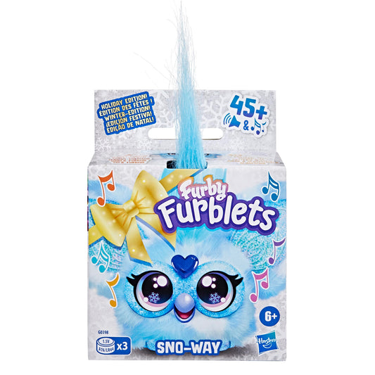 Furby Furblets Sno-Way icy blue fur close-up, adorable holiday decor for kids’ rooms.