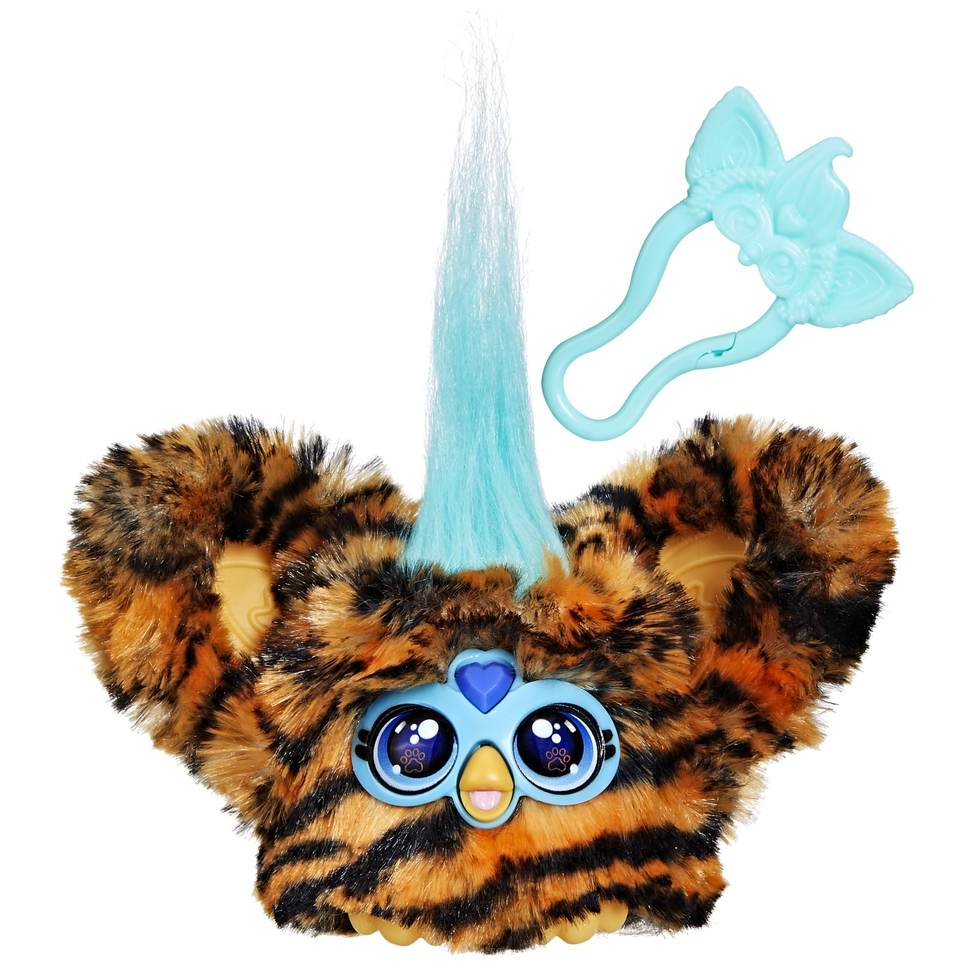 Furby Furblets Ty-Bee mini friend clipped to a backpack for on-the-go play