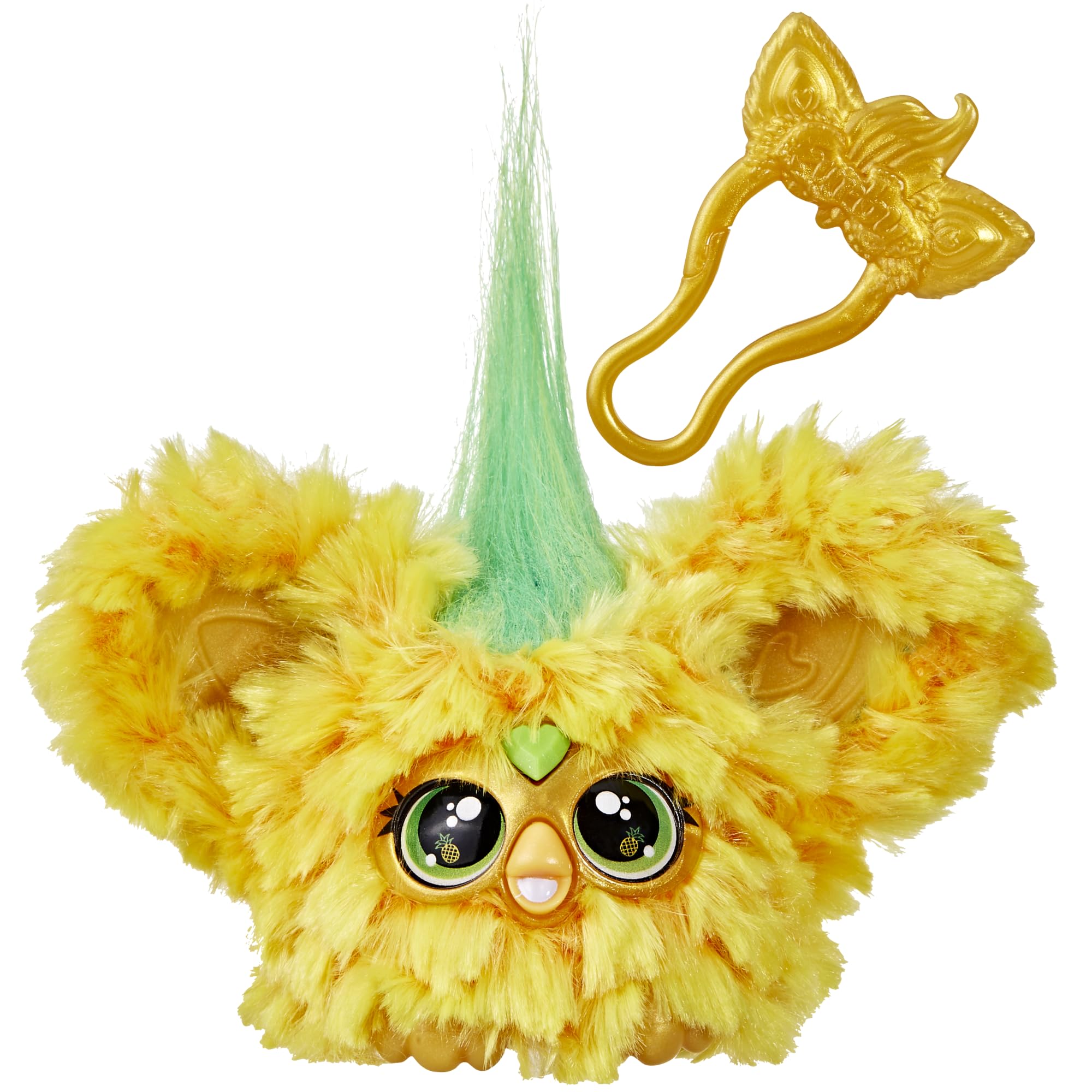 Furby Furblets Hoo-Lah pineapple mini toy with backpack clip for on-the-go play.