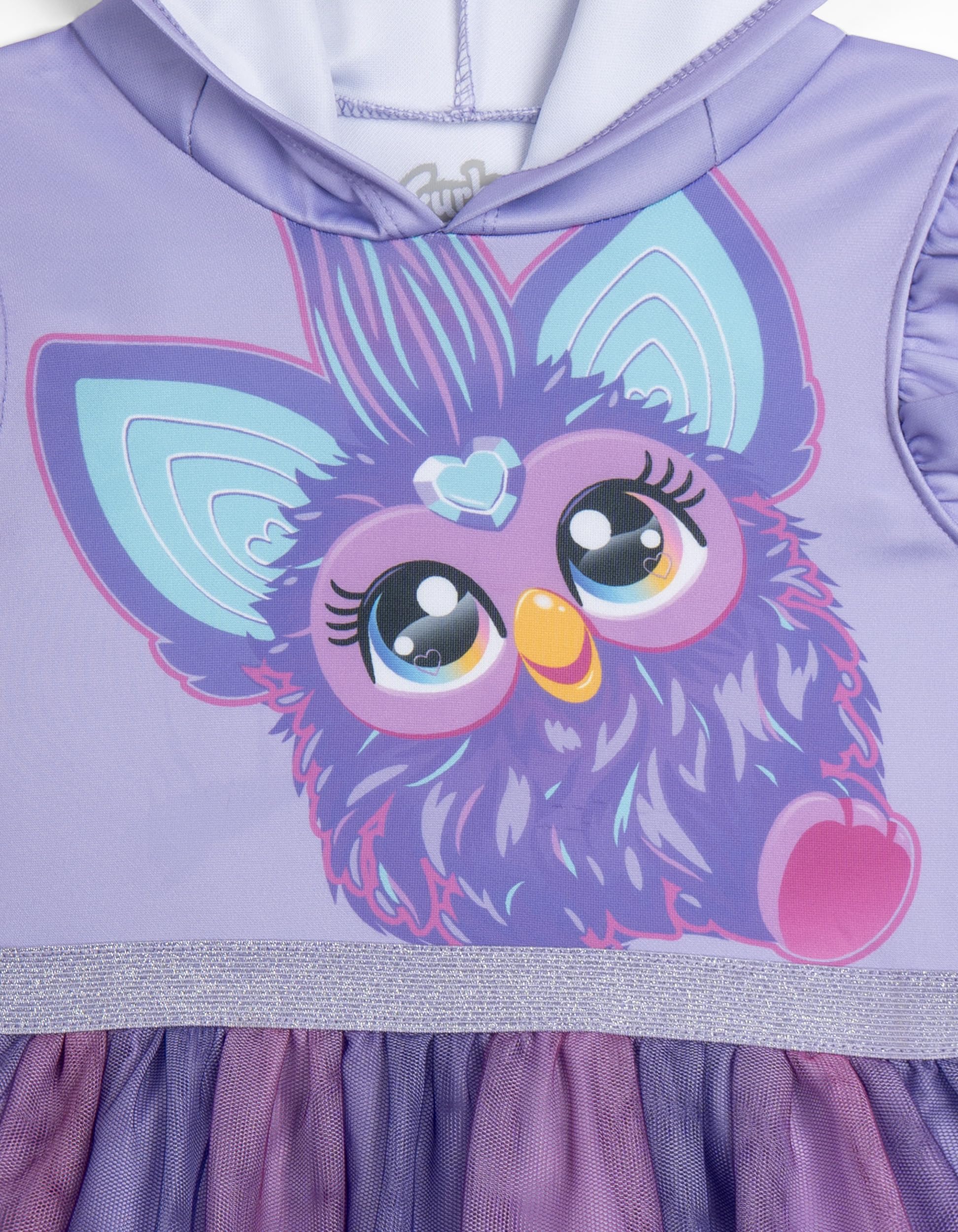 Furby hood with 3D ears and hair tuft, playful cosplay accessory for photos and pretend play.