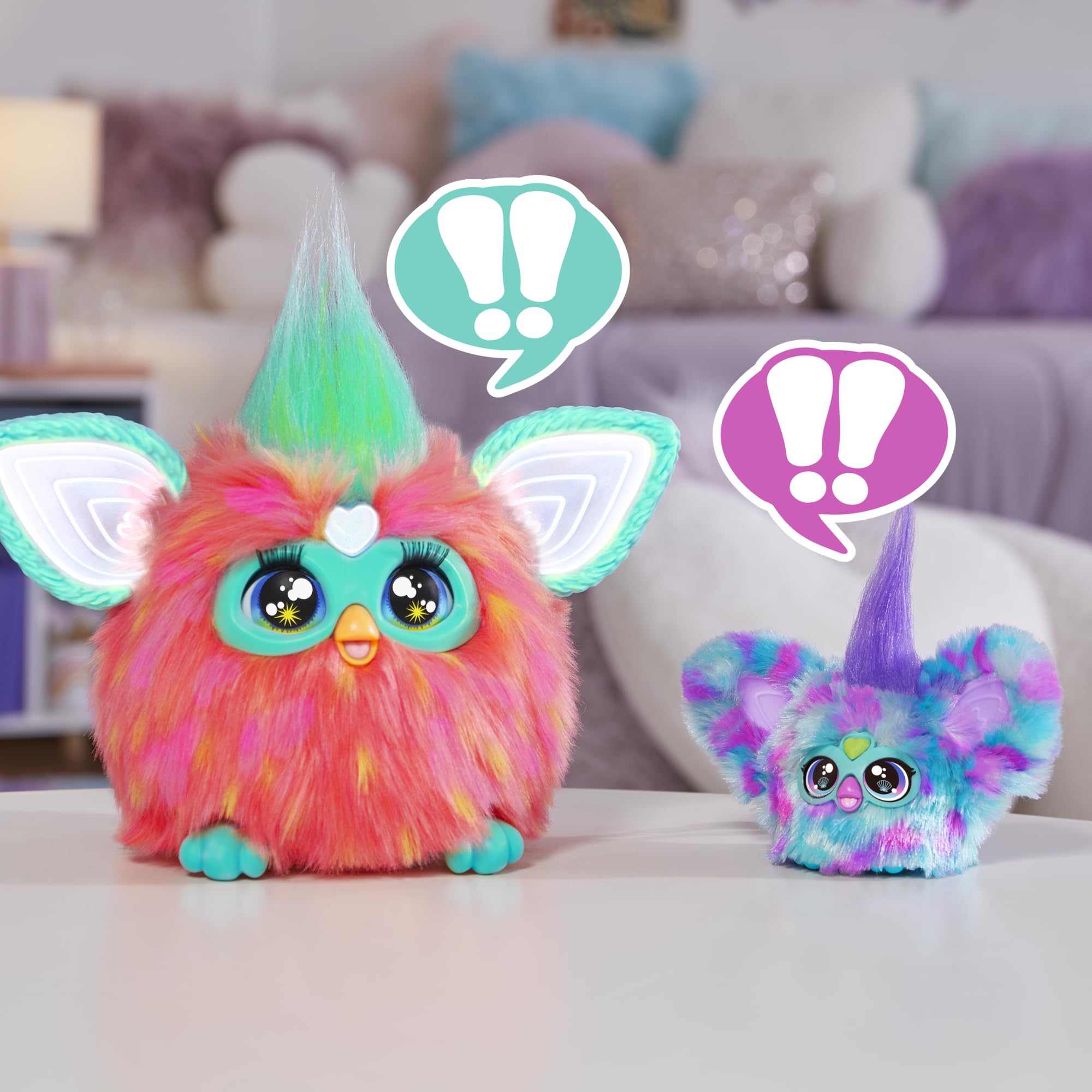 Furby Mer-May Furblets compact two-inch size fits desks, bags, and pockets.