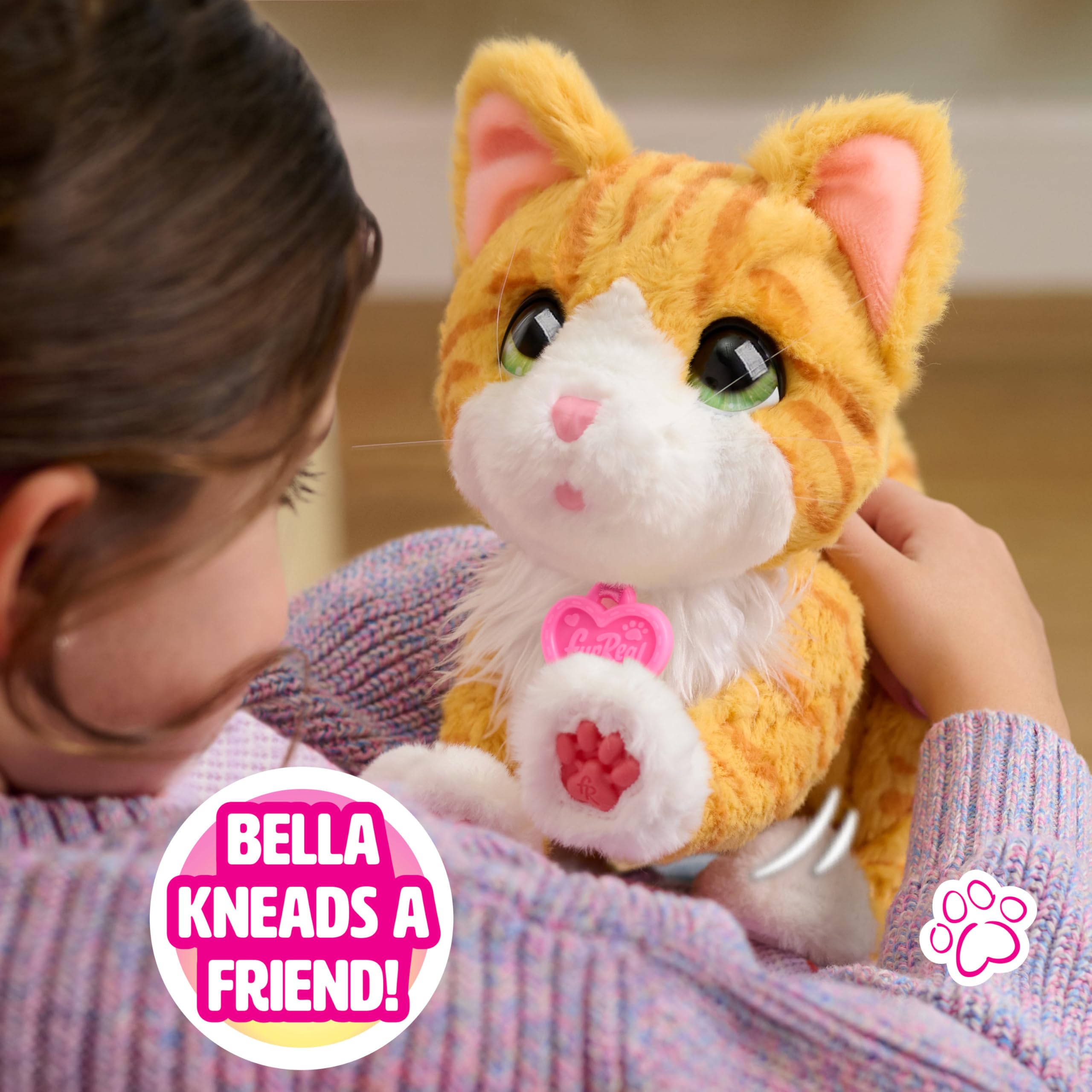 The kneading sequence is activated by Bella's head touch for a sweet pretend ritual.