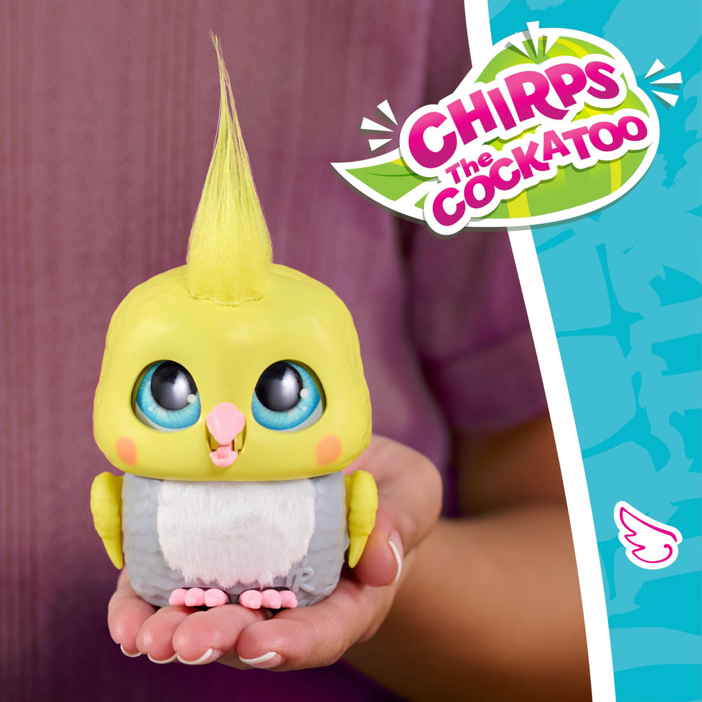 Chirps' fluffy yellow tuft and sparkly blue eyes invite gentle cuddling and play.
