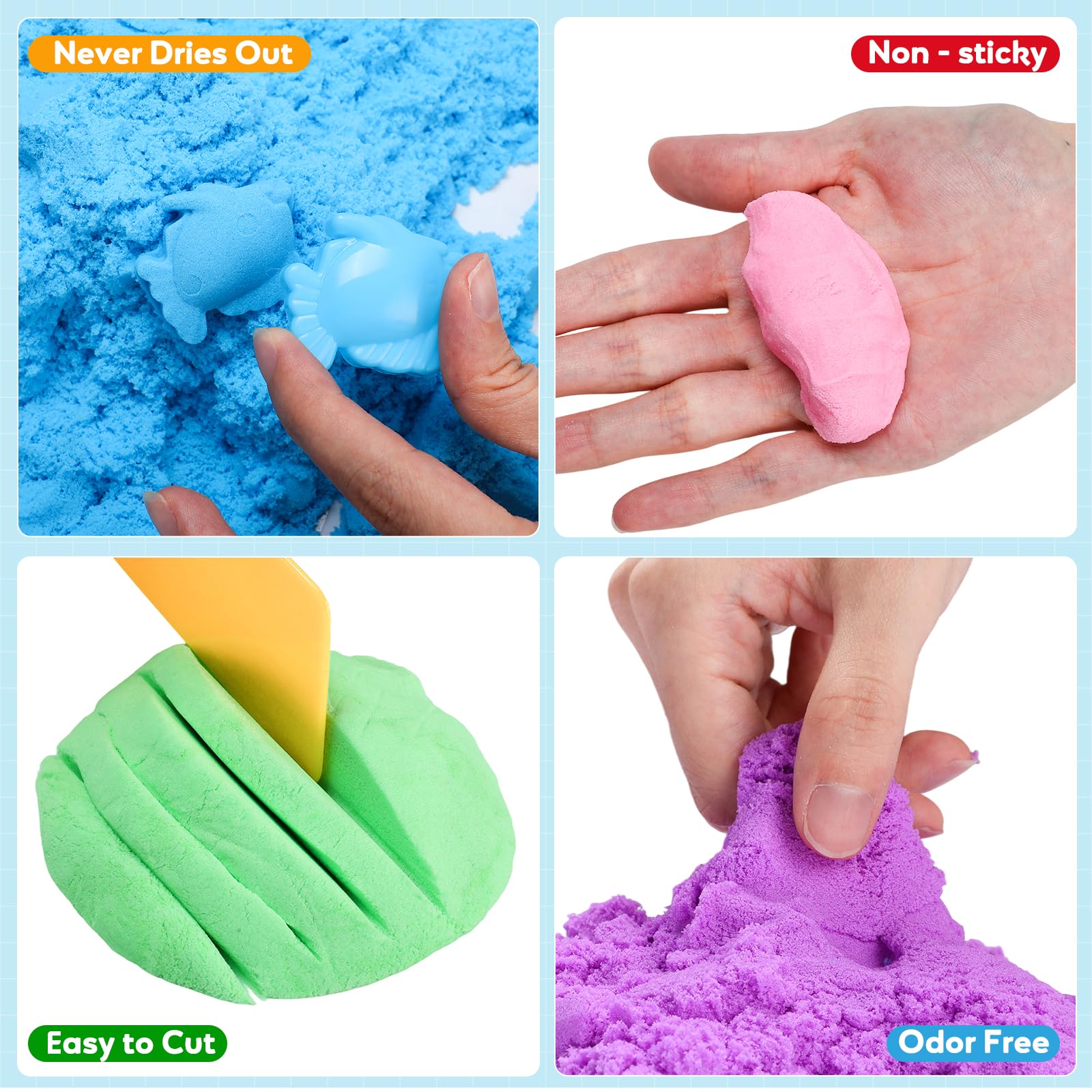 Blue FURWEY sensory sand close-up, smooth feel for molding and shaping.