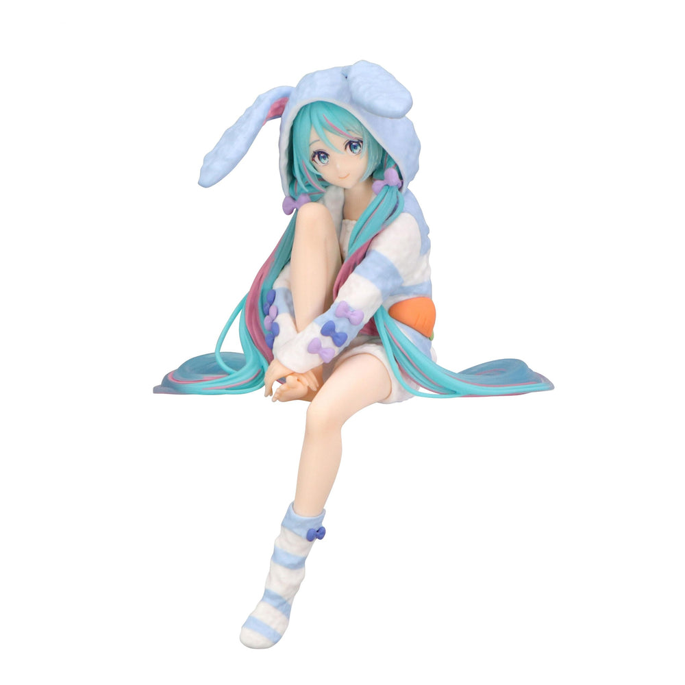 FuRyu Hatsune Miku noodle stopper figure with rabbit ear hood in blue, ideal for desk display