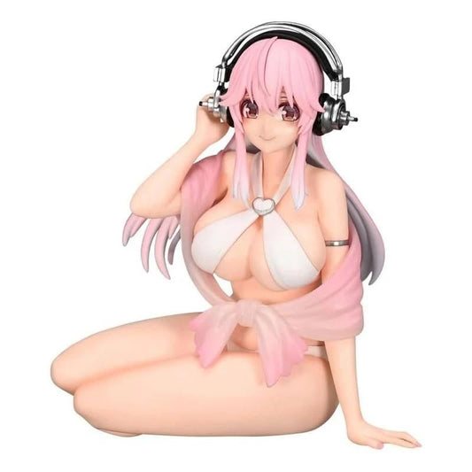 Furyu Super Sonico noodle stopper figure in white bikini secures cup tops for mess-free noodles