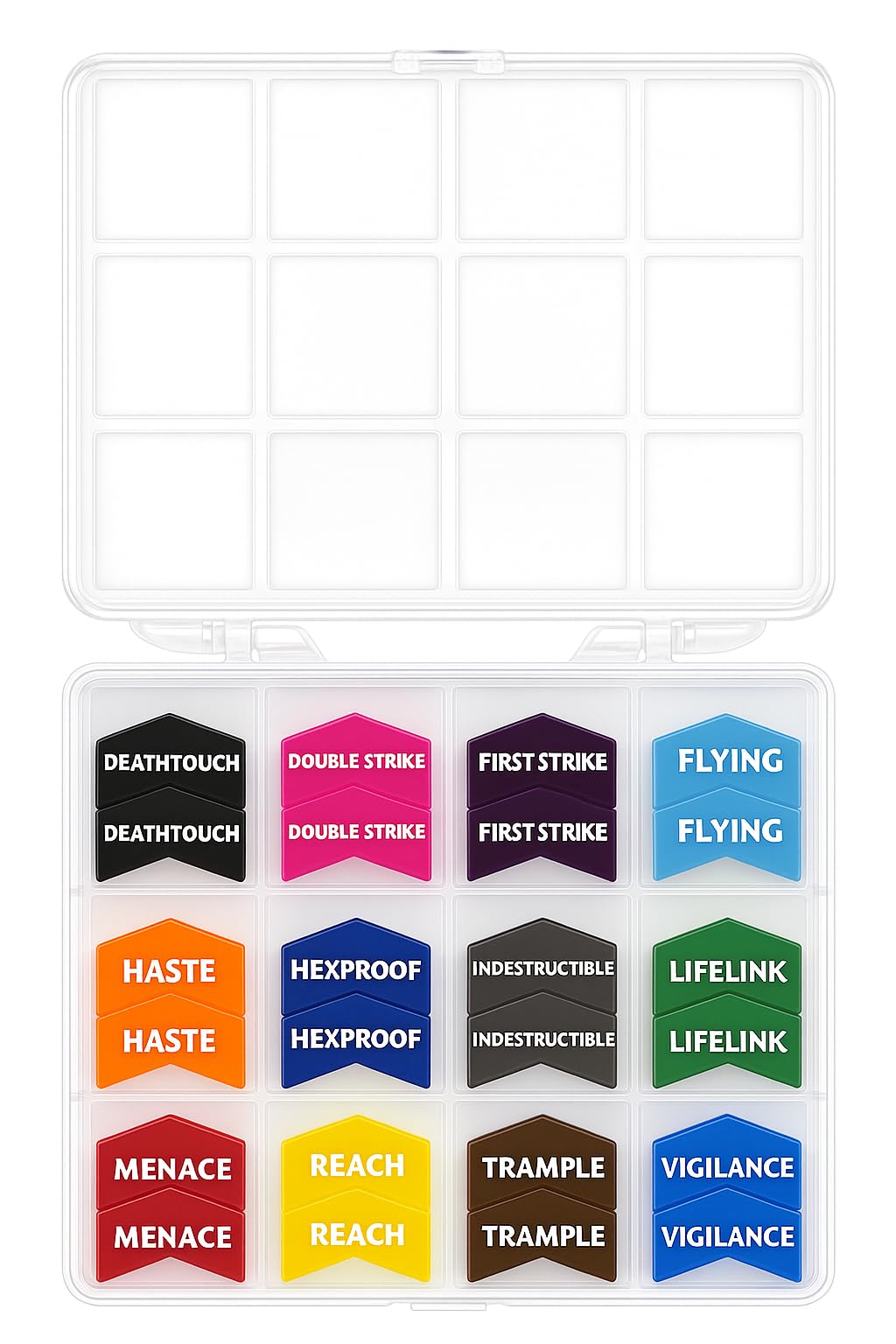 Futhark 72-color coded MTG counter case displaying organized keyword tokens for quick reference.