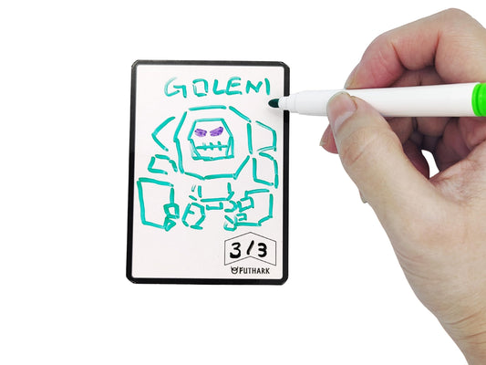 Futhark dry erase MTG tokens shows 50 cards laid out for customization