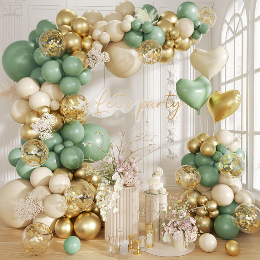 Futureferry Sage Green Gold Balloon Arch Kit creates a lush celebration backdrop.