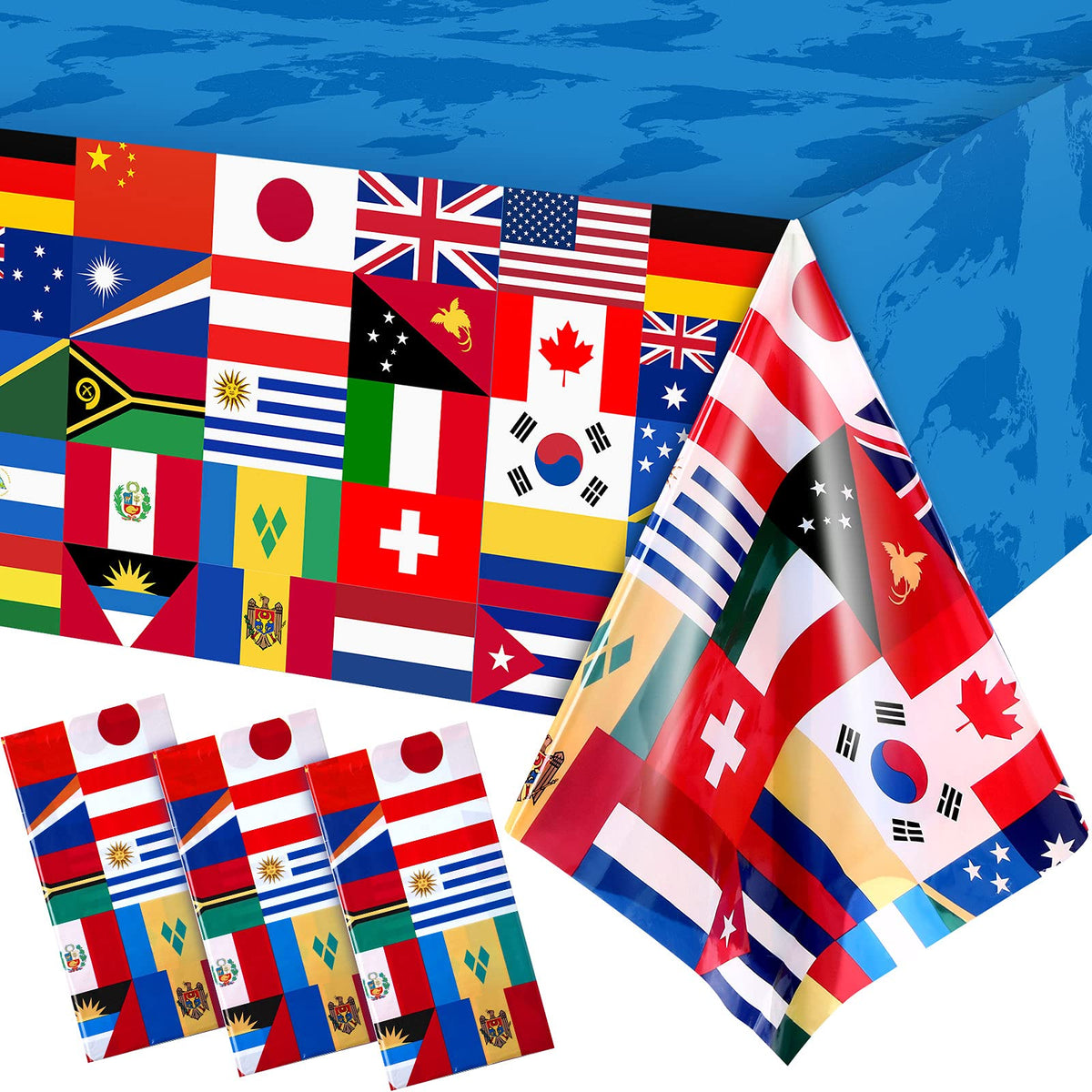 FuWeave world flags tablecloth laid on a large rectangular table for festive decor