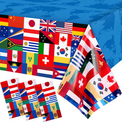 FuWeave world flags tablecloth laid on a large rectangular table for festive decor