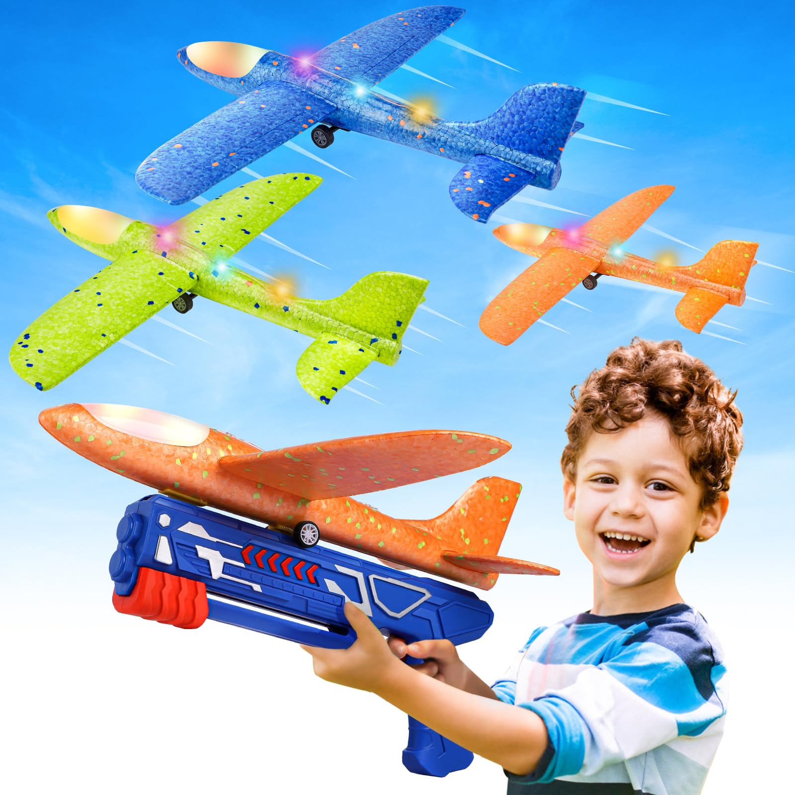 Fuwidvia foam glider planes in blue, green, and orange for easy outdoor fun and coordination.