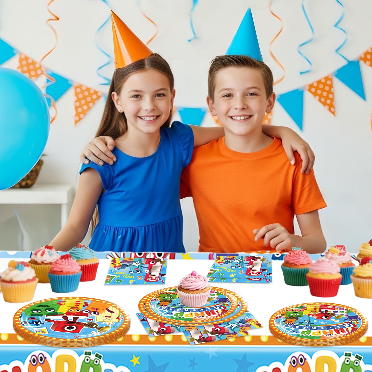 Fuyhiuous Number Blocks party setup on a dining table for a playful birthday vibe