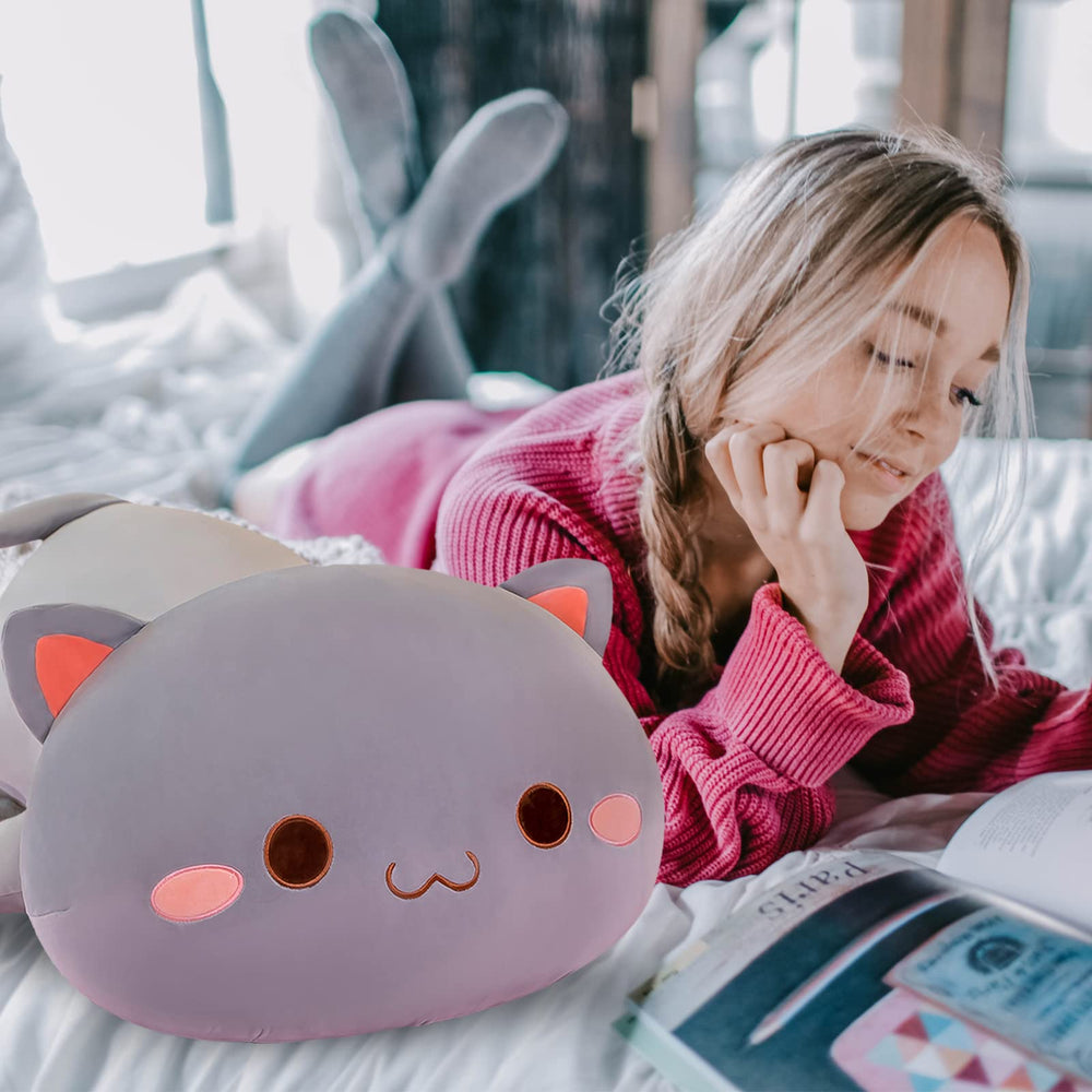 FUYU cat plush pillow highlighting skin-friendly fabric and cozy feel.