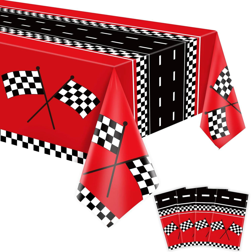 FVEOCR racing car tablecloth with checkered pattern, ideal for quick cleanup and bold party vibes.