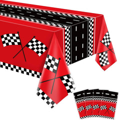 FVEOCR racing car tablecloth with checkered pattern, ideal for quick cleanup and bold party vibes.