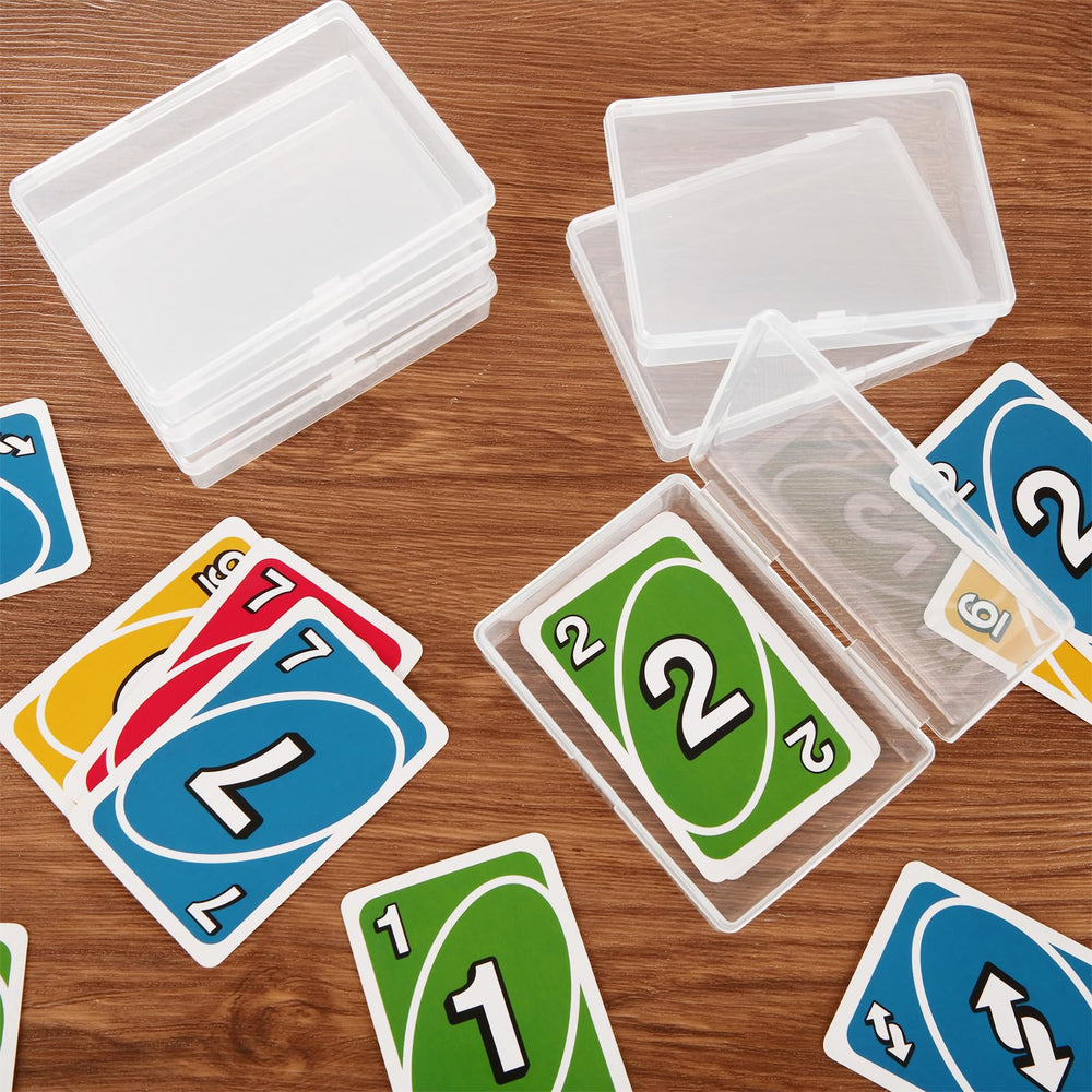 FVIEXE box stacked with cards demonstrates compact storage efficiency.
